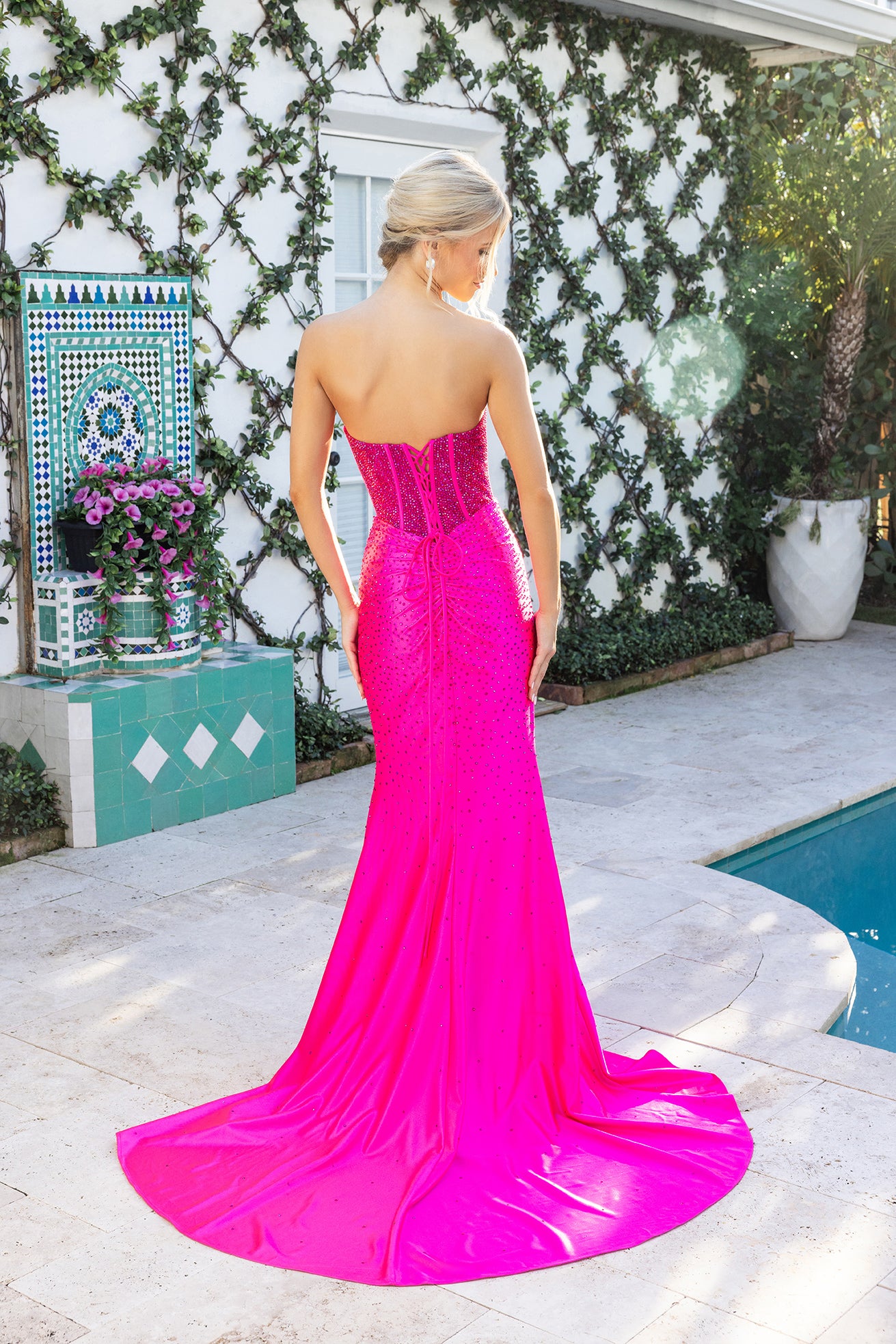 Portia and Scarlett Crystal Corset Satin Prom Dress XO098