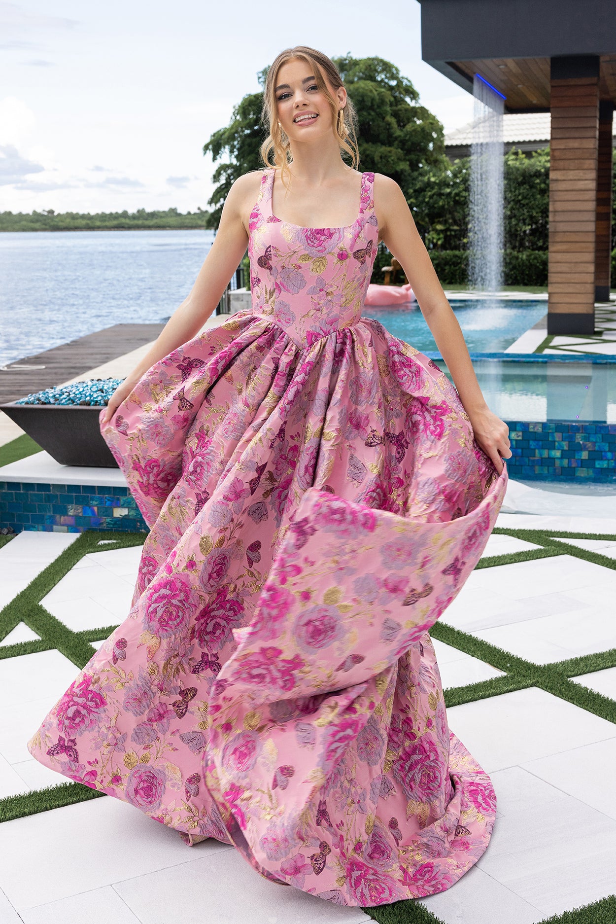 Portia and Scarlett Square Neck Jacquard Ball Gown XO188