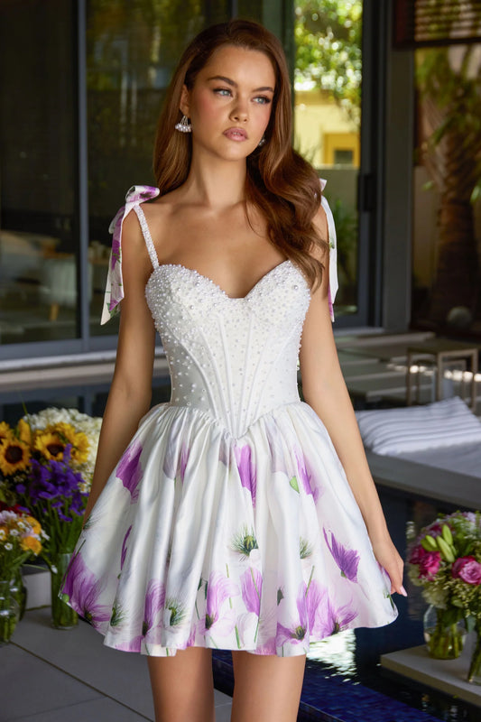 Ava Presley 42432 - Pearl Corset Floral Tie Strap Mini Dress