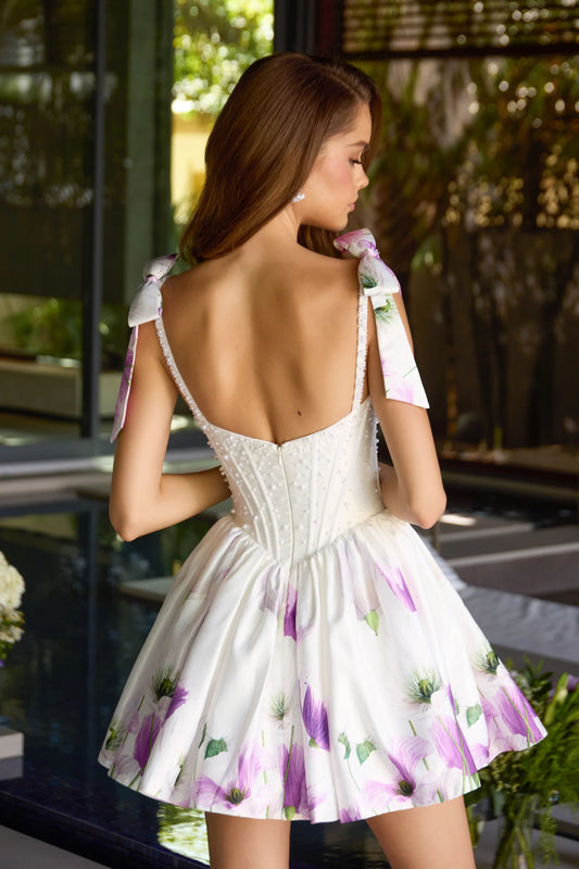 Ava Presley 42432 - Pearl Corset Floral Tie Strap Mini Dress